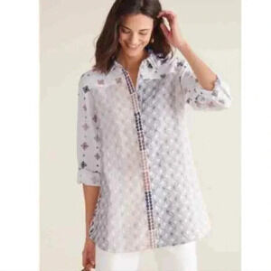 {Soft Surroundings} Gauzy Button-Down Embroidered Print Blouse - Medium